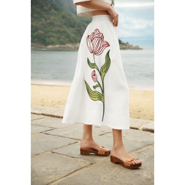 Flat leather sandals worn with an off-white embroidered Farm Rio linen midi skirt