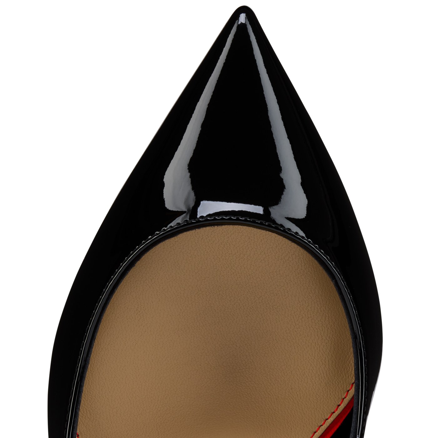 Close-up of the pointed toe and padded insole of Christian Louboutin La Pigalle
