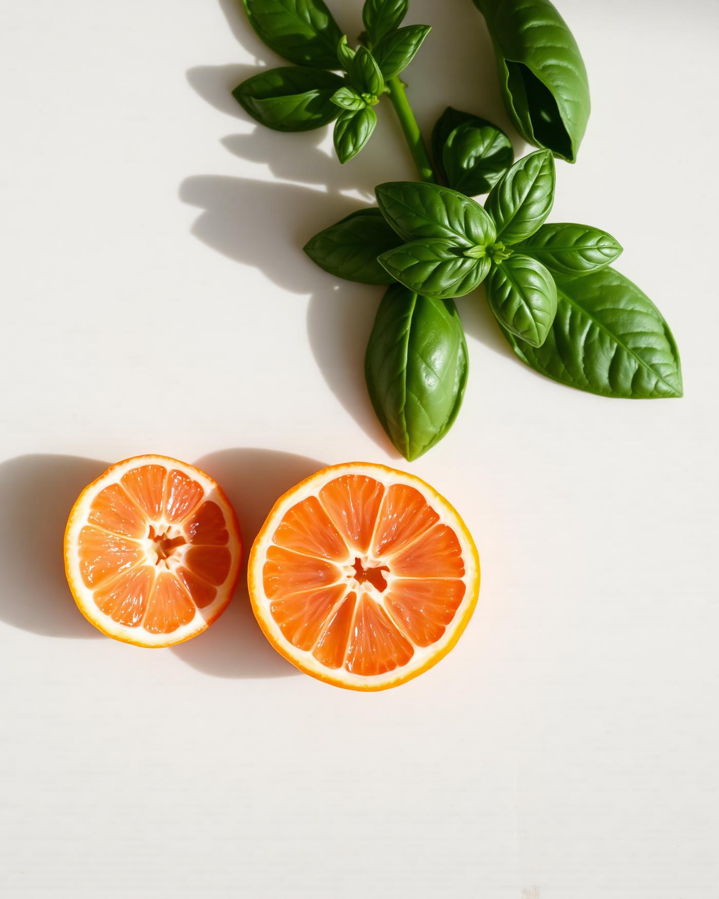 Bergamot fruit halved beside fresh basil leaves, the green citrus notes behind Jo Malone Lime Basil & Mandarin