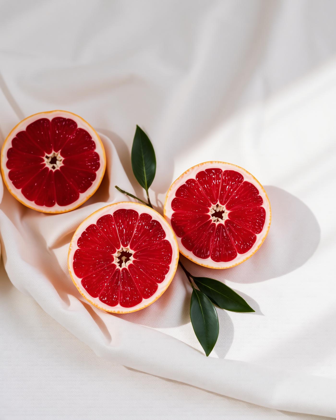 Pink grapefruit halves on ivory linen, illustrating the grapefruit note in fresh perfumes for women