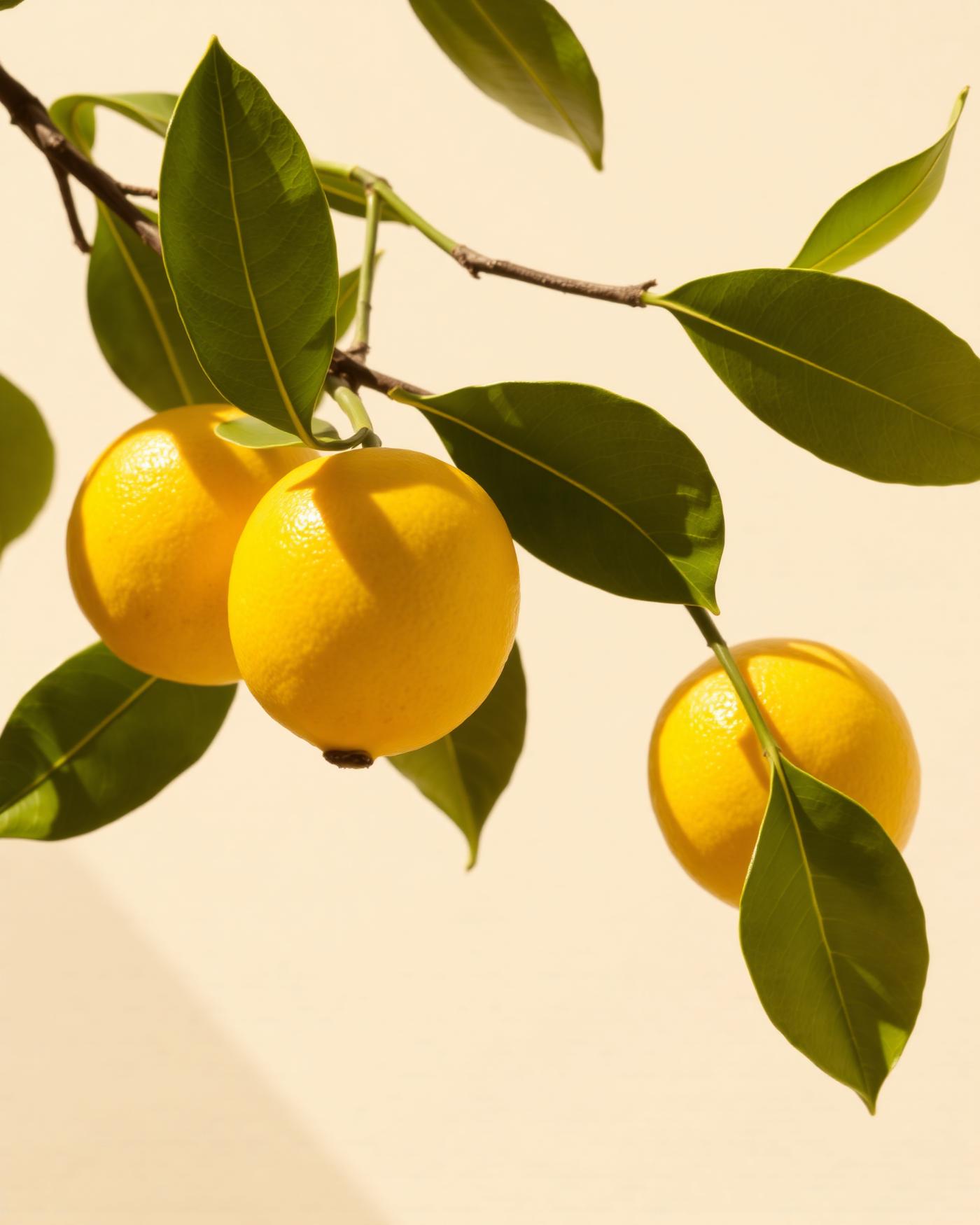 Sunlit lemons on a branch with green leaves, the lemon note behind Maison Margiela Replica Under the Lemon Trees