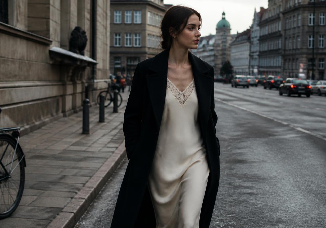 Copenhagen Fashion Week SS27 lingerie dressing trend: ivory silk slip dress with lace trim layered under a long black tailored coat in daylight