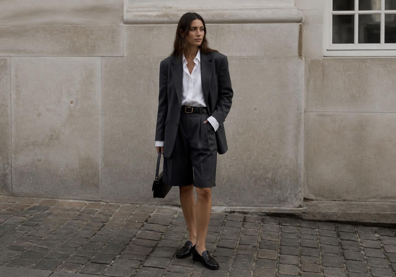 Copenhagen runway trends SS27: tailored charcoal long Bermuda shorts styled with a white shirt, oversized blazer and flat loafers