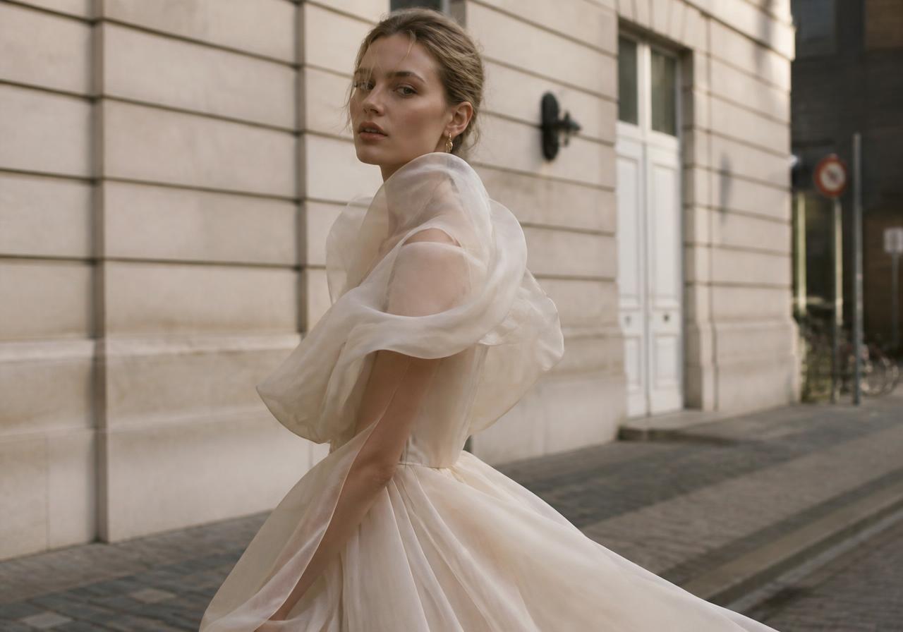 Copenhagen Fashion Week SS27 inspired look featuring a fluid chiffon dress with sculptural draping and soft volume on a Copenhagen street
