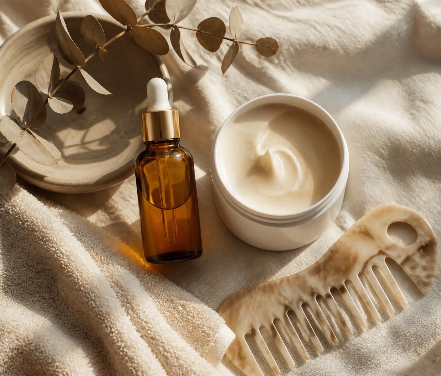 Luxury haircare products arranged on ivory linen