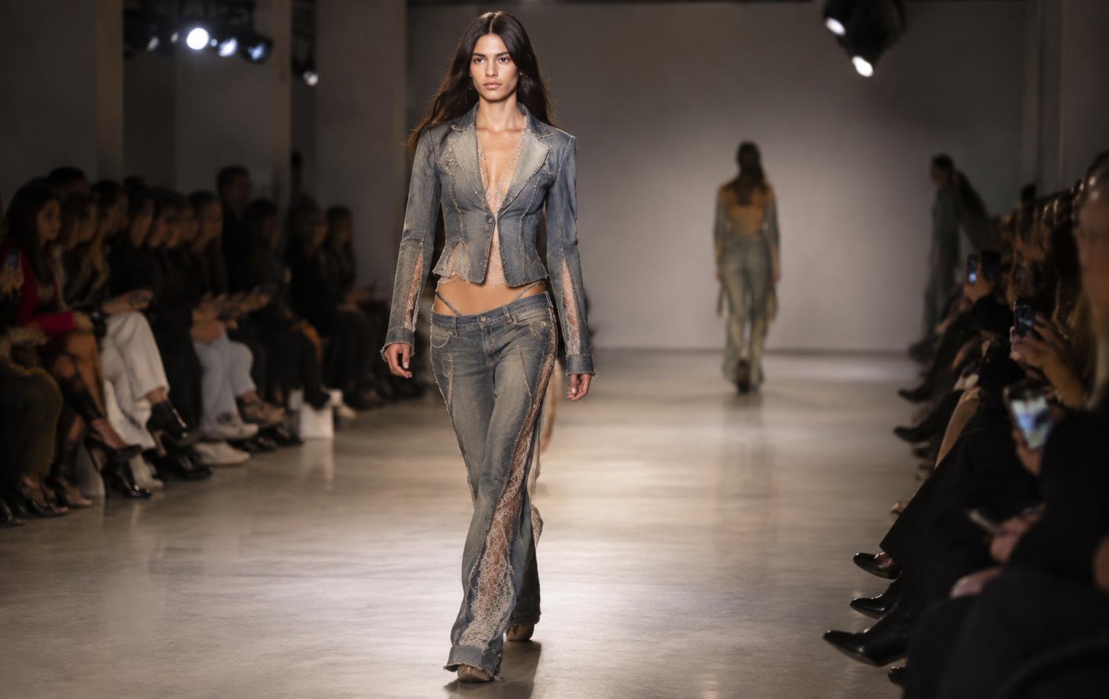 Full-length runway-style model in reconstructed low-set denim trousers and a short fitted jacket, with audience beside the catwalk
