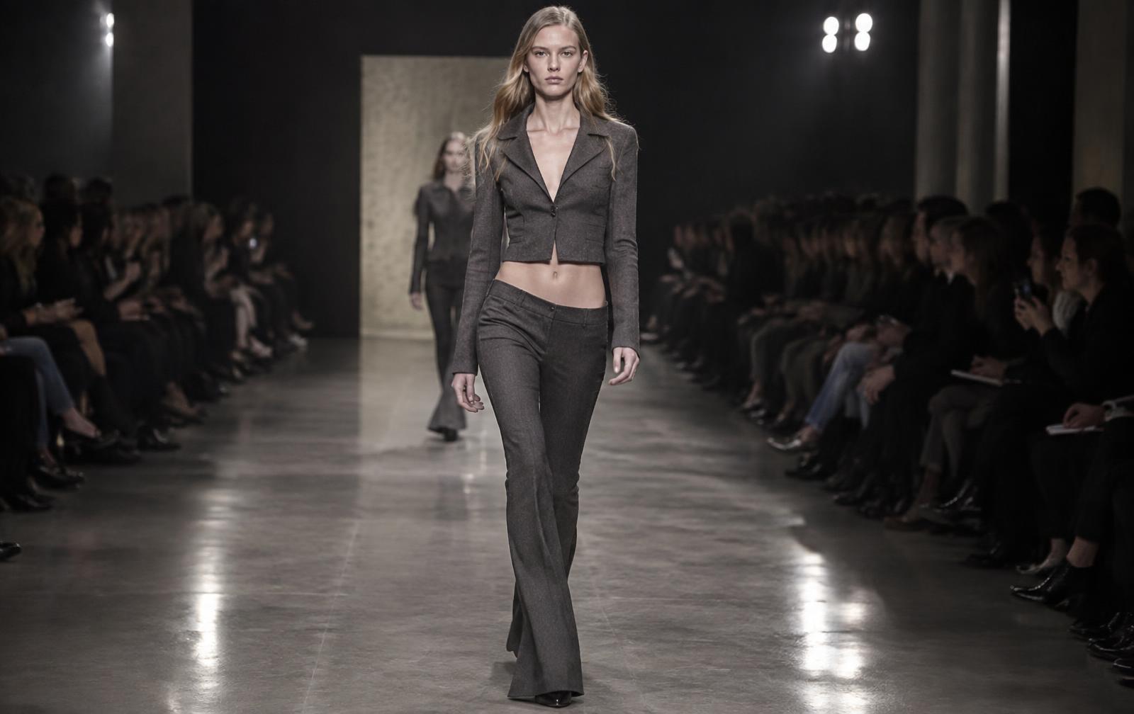 Full-length runway-style look with a cropped charcoal jacket and low-waisted narrow trousers widening slightly at the hem