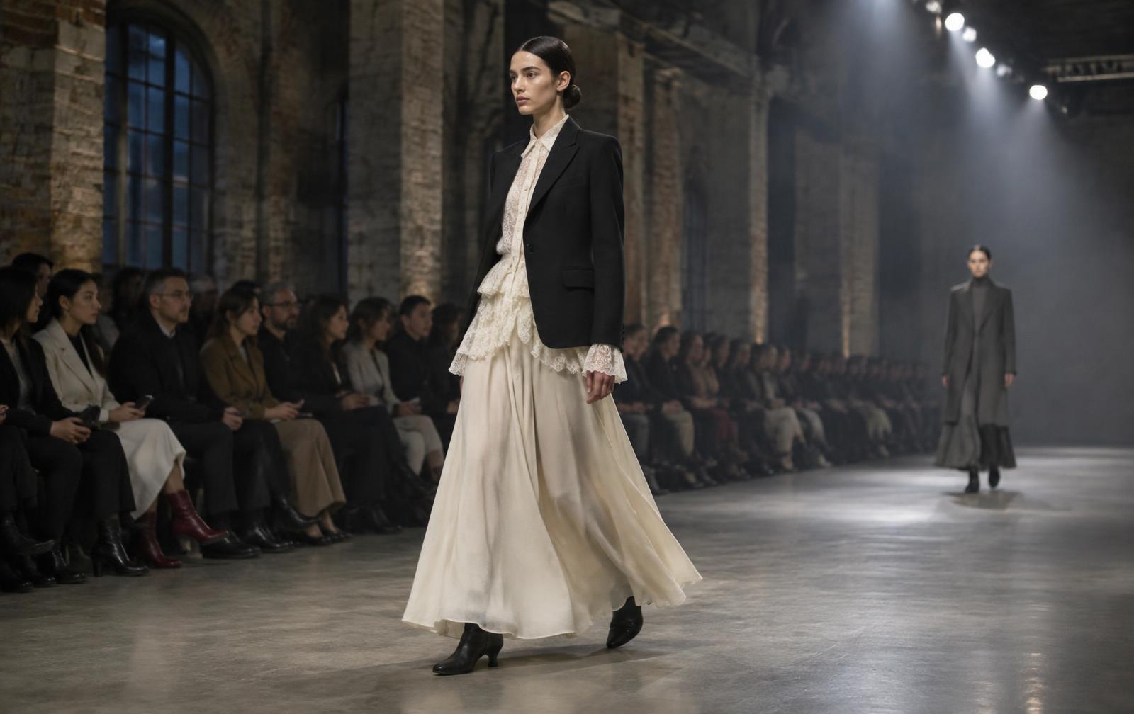 Model on an indoor runway wearing a long ivory skirt and lace blouse beneath a sharply cut black jacket