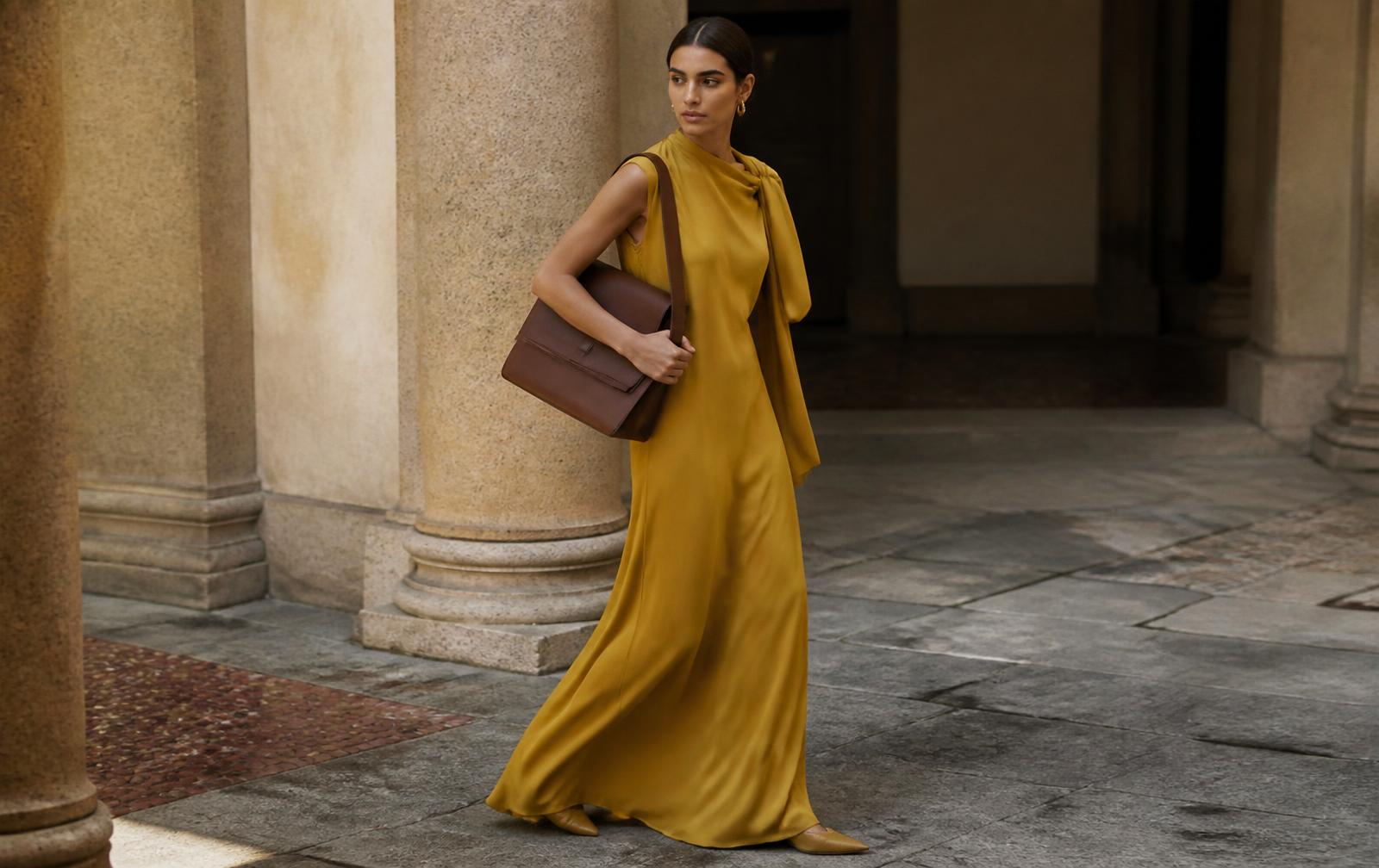 Relaxed, elongated Spring/Summer 2027 silhouette in warm neutral tones, illustrating the softer direction expected at Milan Fashion Week SS27