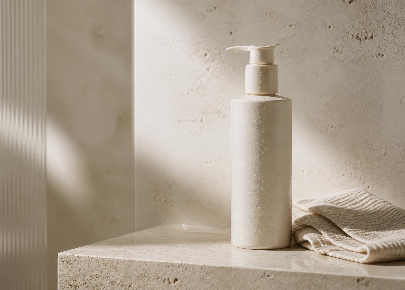 A cleanser bottle and folded cotton cloth on a travertine ledge in morning light