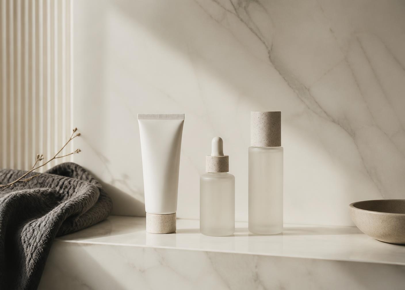 Three unbranded skincare bottles arranged with generous space on an ivory marble shelf