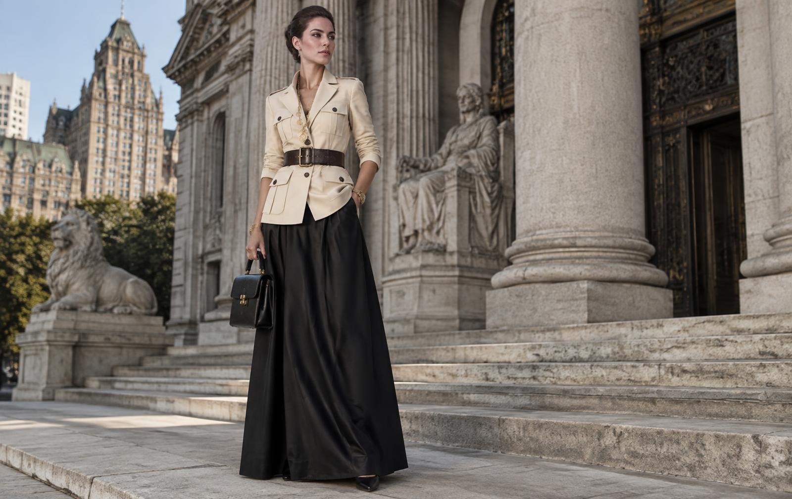 New York Fashion Week SS27 inspired character look with a cream safari jacket, wide leather belt, long coin necklace, black skirt and structured bag