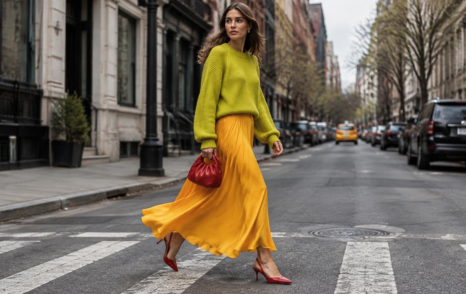 New York Fashion Week SS27 inspired colour-blocked look with a chartreuse knit, marigold fluid skirt, red shoes and red handbag