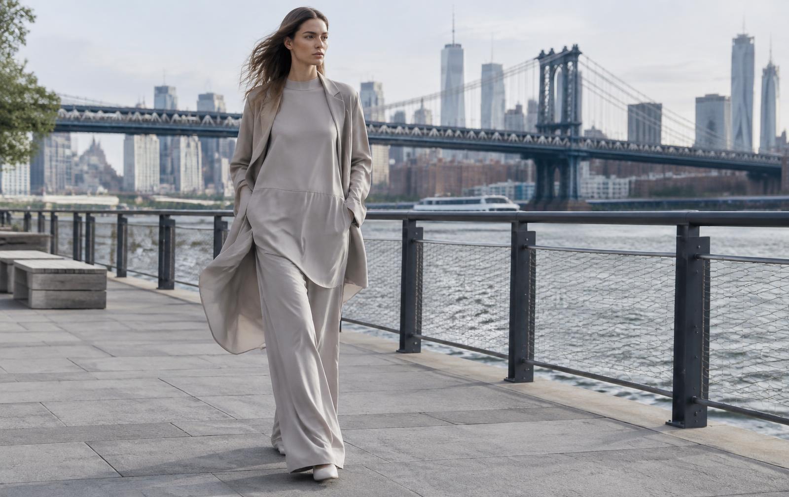 New York Fashion Week SS27 inspired fluid silhouette with an elongated dove-grey tunic, dropped waist, wide trousers and softly structured jacket