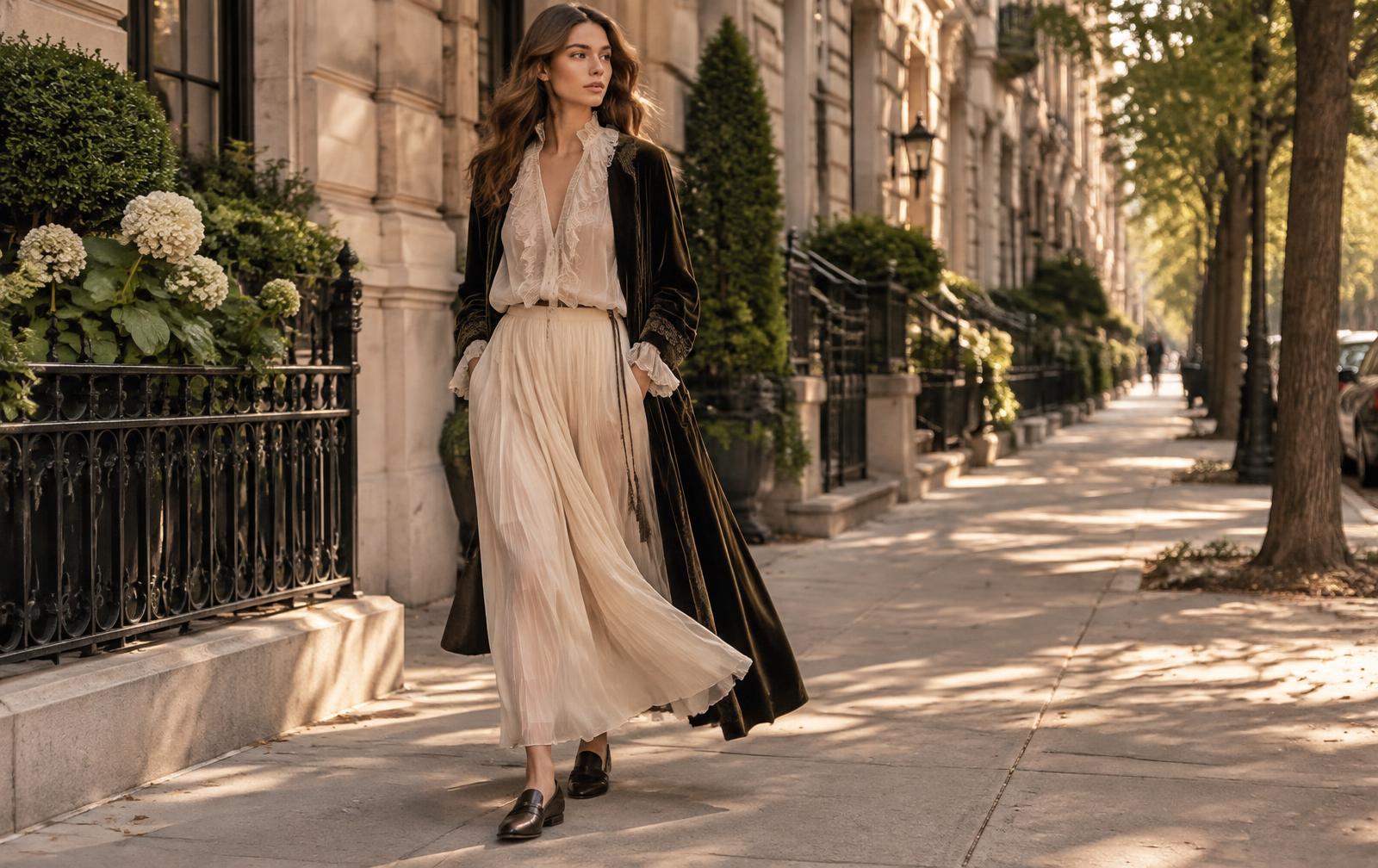 New York Fashion Week SS27 inspired romantic look with a sheer ruffled ivory blouse, fluid long skirt and dark velvet duster
