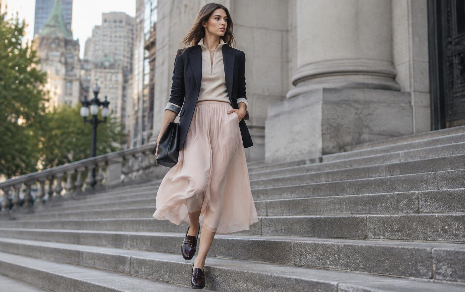 New York Fashion Week SS27 inspired styling with a structured navy blazer, sporty zip-neck top, fluid blush skirt and leather loafers
