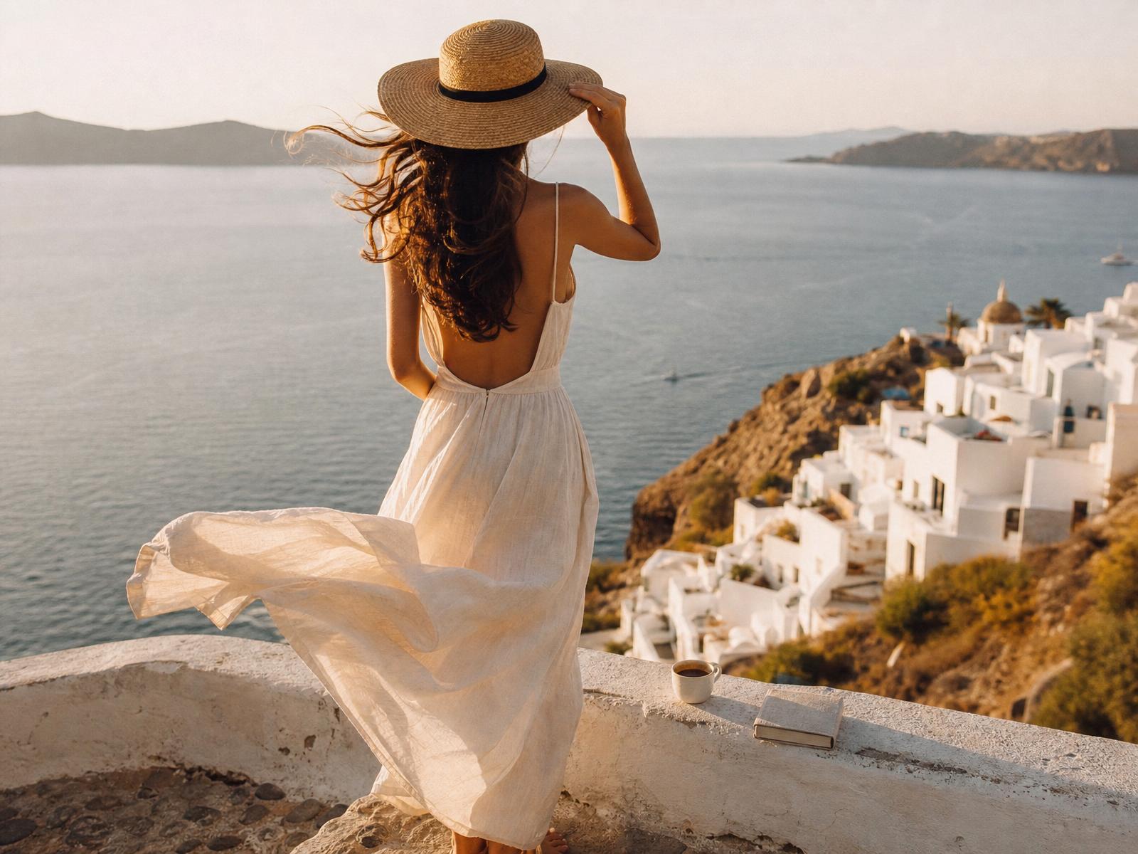 Woman in a wide-brimmed sun hat overlooking a Mediterranean coastline for The Beauty Edit's Summer 2026 issue