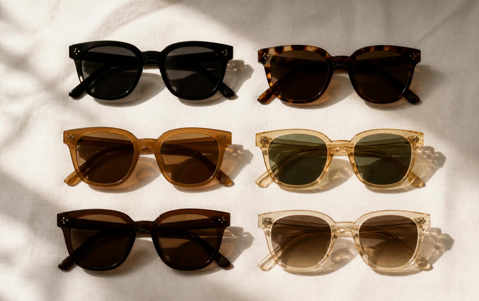 Six pairs of luxury sunglasses in black, tortoiseshell, honey, amber, brown and champagne on ivory linen