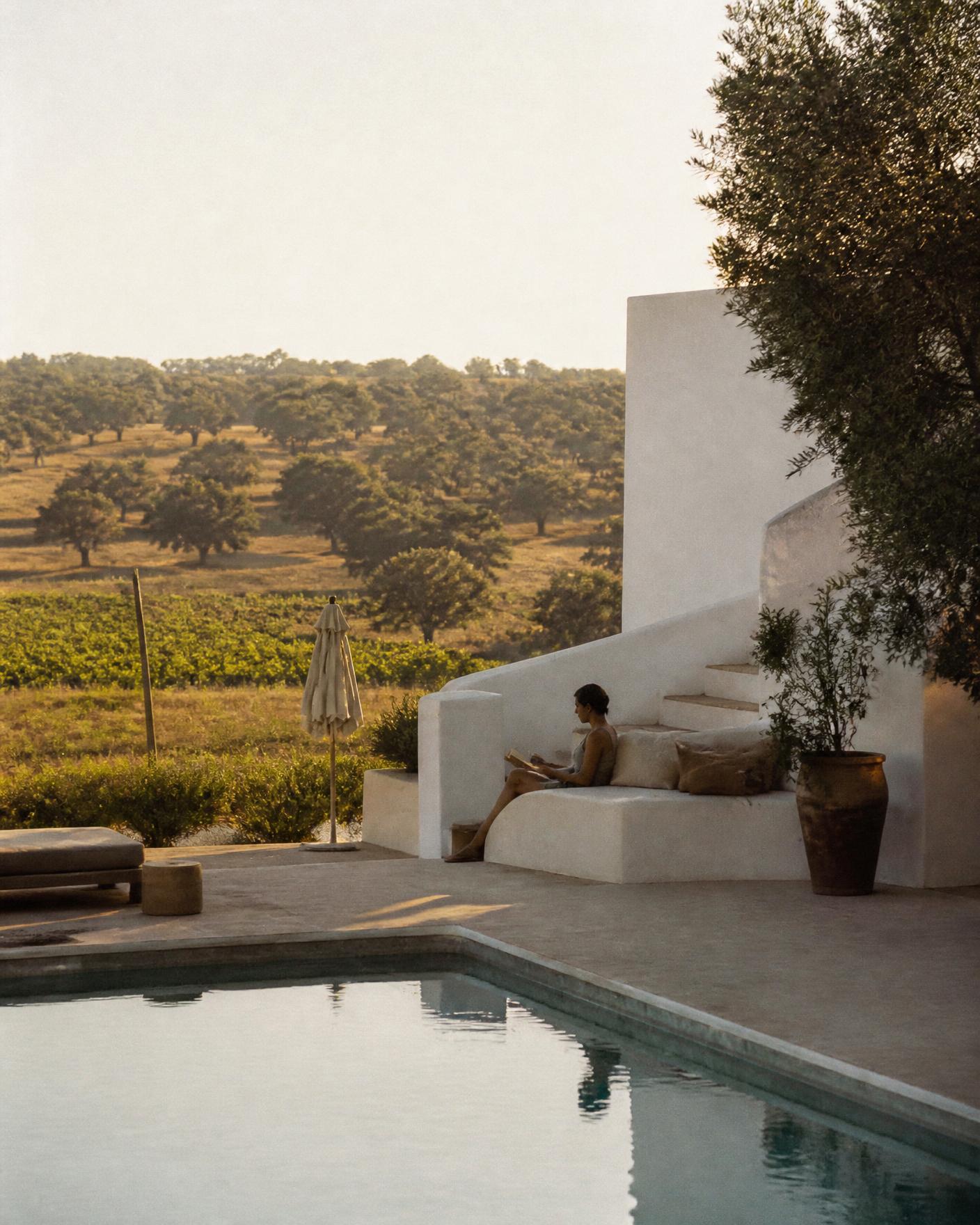 A minimal whitewashed hotel terrace in the Alentejo overlooking vineyards and cork oaks at golden hour