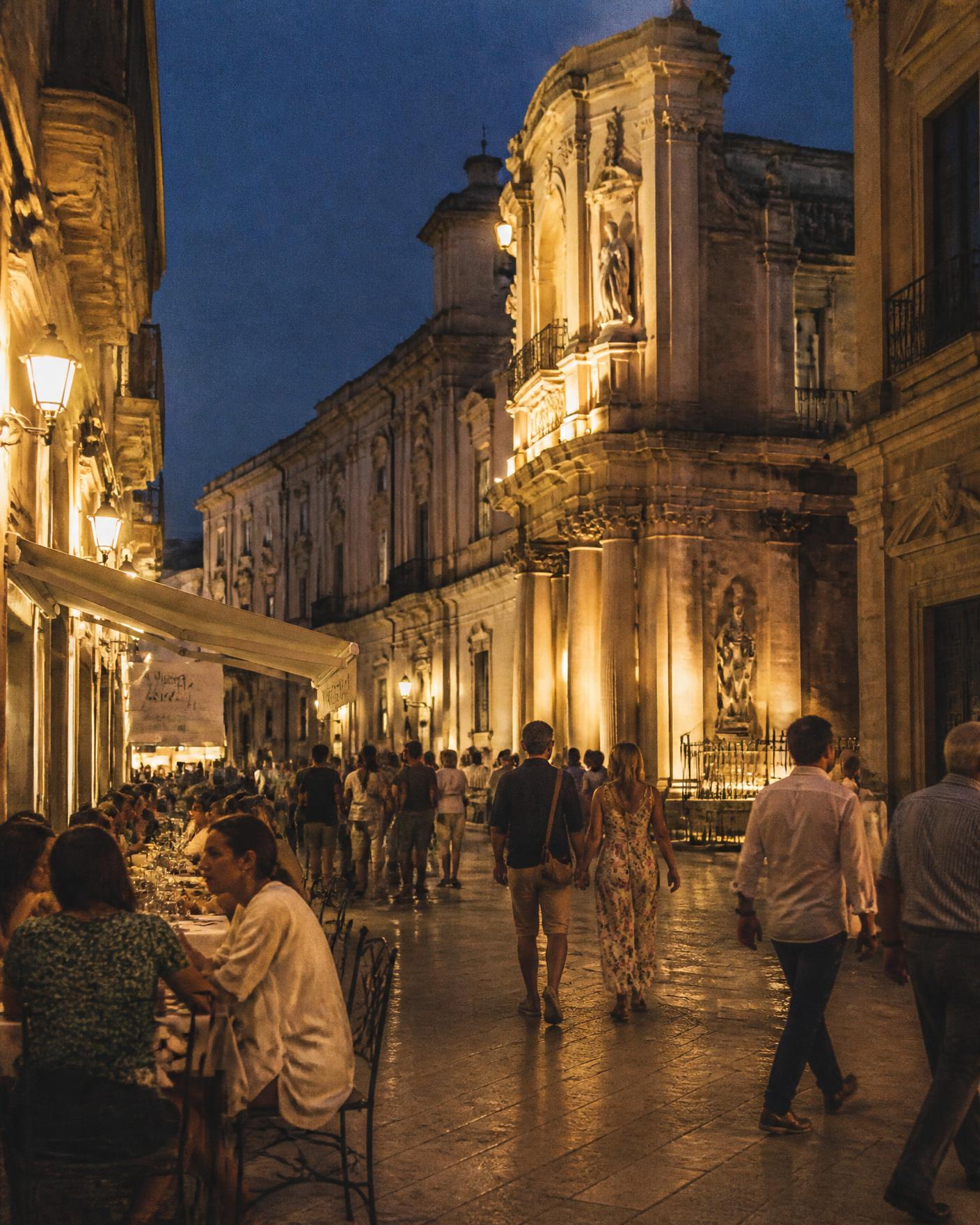A baroque street in Ortigia, Sicily at dusk with lit stone facades and café tables on the piazza