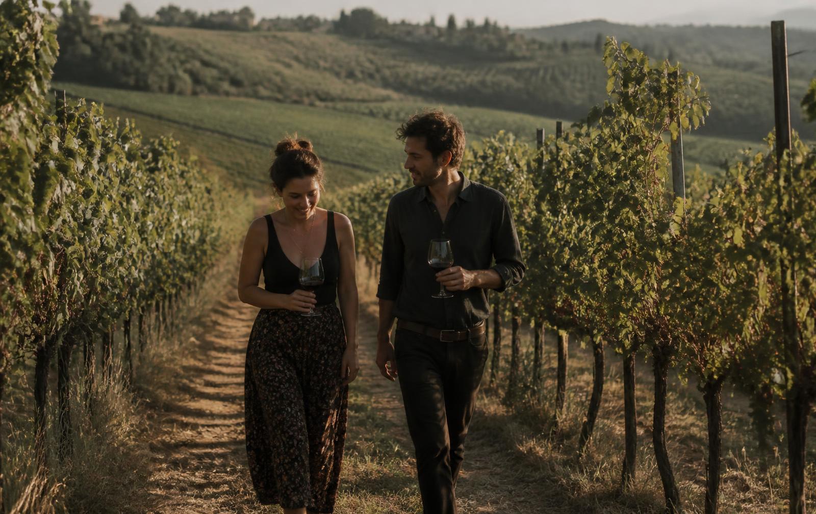 Two people walking between vineyard rows in Chianti at golden hour holding glasses of red wine