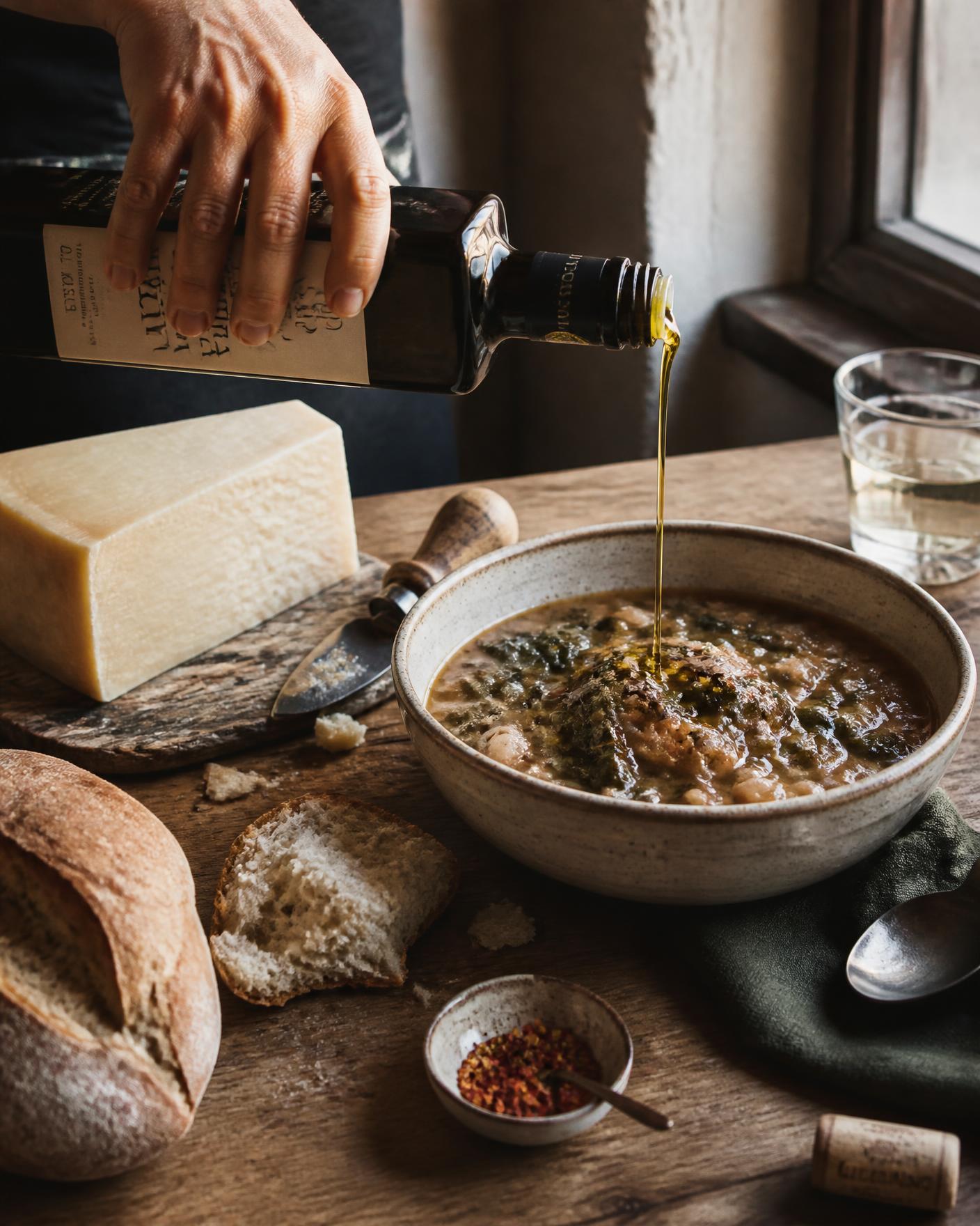 Tuscan table with ribollita, pecorino, bread and olive oil being poured, in natural window light