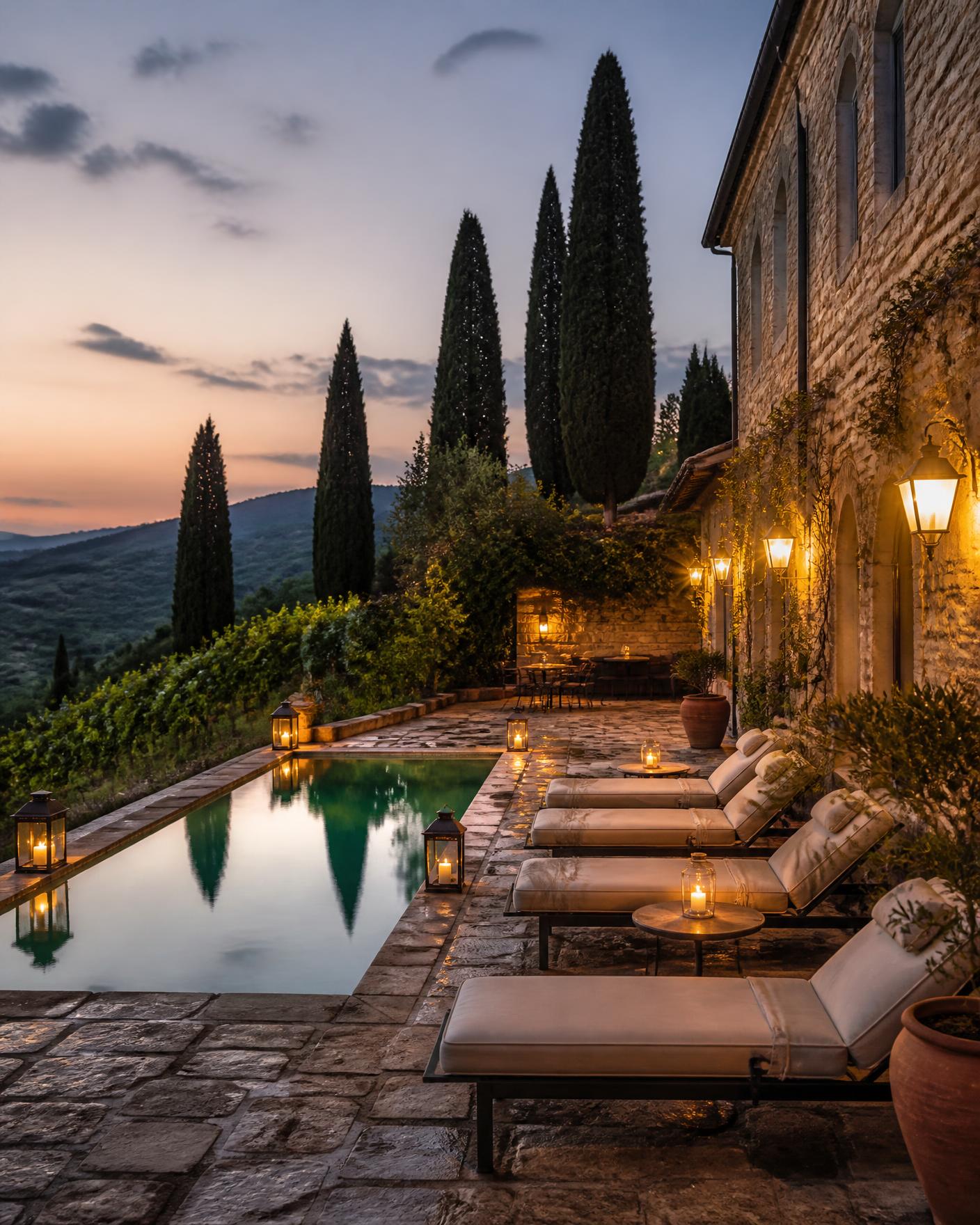 Terrace and pool of a restored Tuscan countryside estate hotel at dusk with cypress trees and lanterns